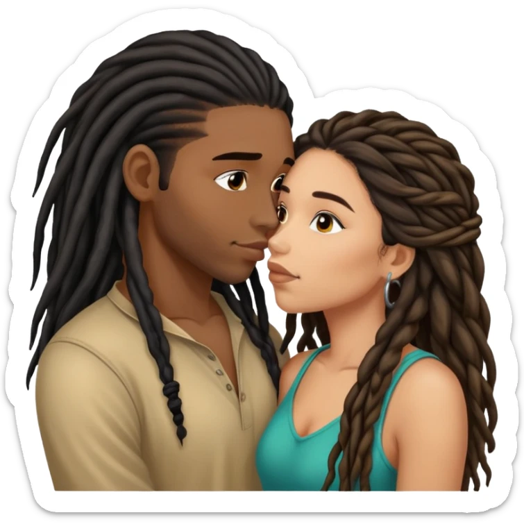 Latina Woman with long hair kissing a young black guy with dreads chin hair sticker