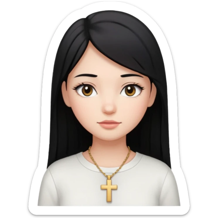 A girl with black straight hair long eyelashes light blush a white shirt and a cross necklace  sticker