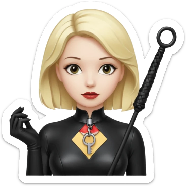 Dominatrix with blonde hair, latex outfit, old fashioned key necklace, and a whip sticker