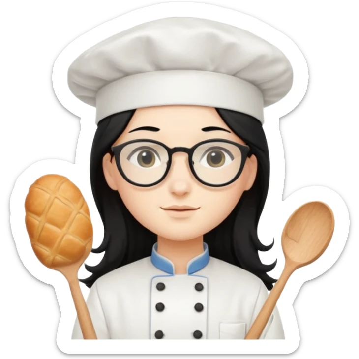 Profesora de pastelería, piel blanca con gafas y pelo negro largo sticker