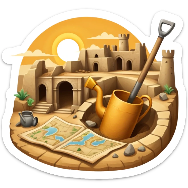 An icon showing an ancient city excavation site with a shovel, an old map, and uncovered ancient amphoras. The design captures the thrill of uncovering historical treasures and ruins. Transparent background highlights the excitement of archaeological discovery. sticker