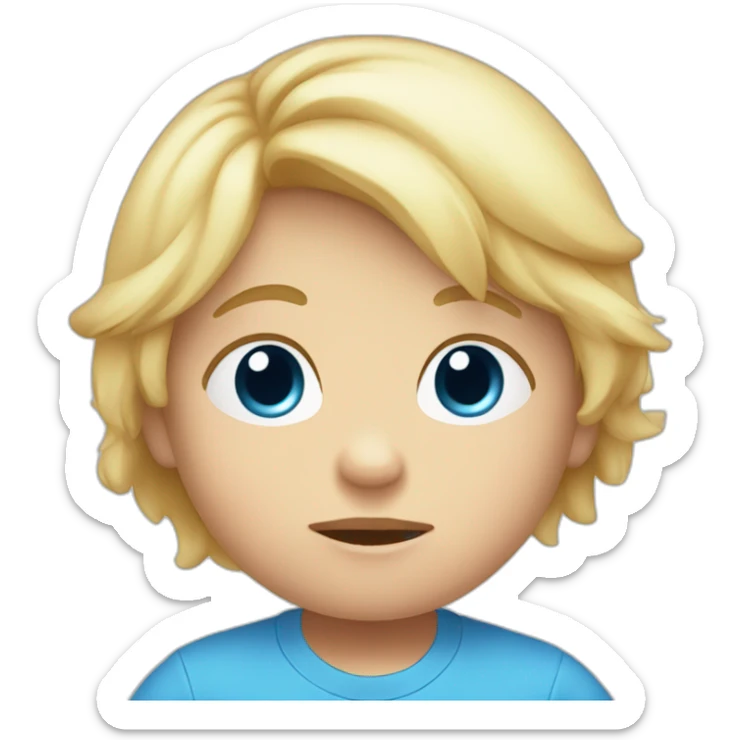 A baby with blond hair, blue eyes and a blue t-shirt and a sad face sticker