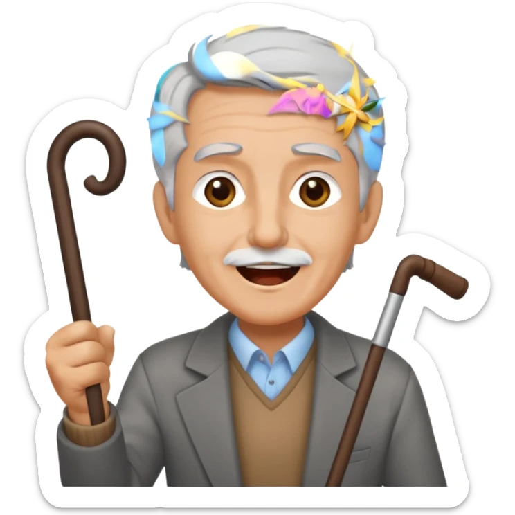 A grey-haired fan with cane in hand, cheering loudly with youthful spirit. sticker