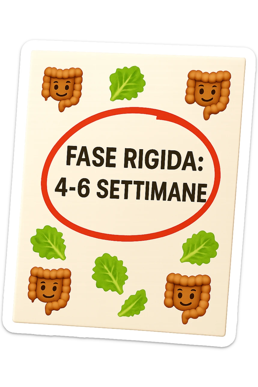 EMOJI STILE IPHONE DI UN foglio di carta fluttua in aria con la scritta "FASE RIGIDA: 4-6 SETTIMANE" CERCHIATA A PENNA IN ROSSO, ATTORNO AL FOGLIO FLUTTUANO PICCOLI TRATTI DI COLON UMANO IN STILE EMOJI E FOGLIE DI INSALATA, REALISTICA 4K sticker