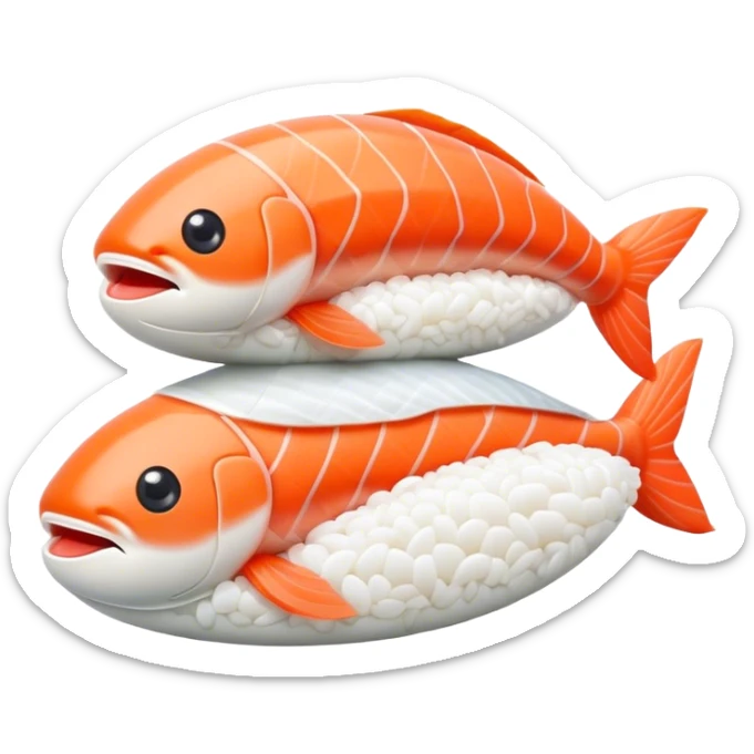 Cute Kawaii Nigiri Sushi, plump and happy, a soft white rice pillow topped with bright orange salmon, tiny blushing cheeks, big round eyes, a joyful floating expression! sticker
