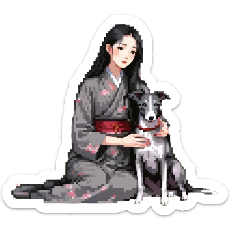 A very beautiful and attractive 25-year-old Chinese woman with long flowing black hair and a pure solid dark grey whippet with ABSOLUTELY NO white markings anywhere on its body sitting under a cherry blossom tree. The whippet must be completely solid dark grey with no white on chest, no white on muzzle, no white on paws - entirely one solid dark grey color. sticker