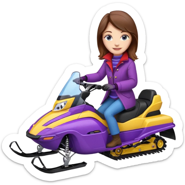 Brown hair, very blue eyes, Woman wearing red coat  on purple and yellow striped snowmobile sticker