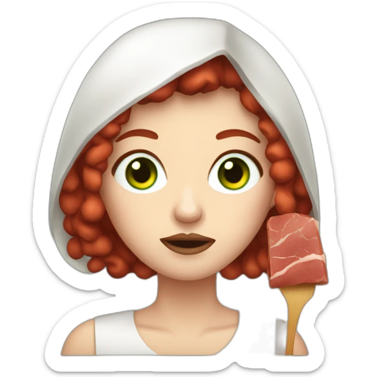 vegan woman white skin red hair green eyes disgusted holding meat sticker