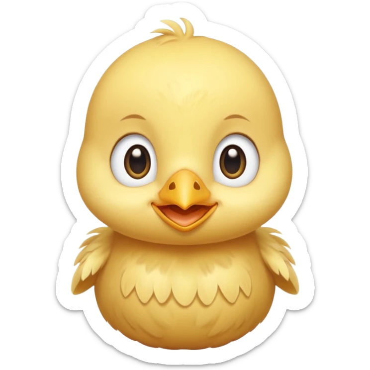 Cute baby chick named Lex, smiling with big shiny eyes, soft yellow feathers, round head, very adorable emoji style sticker