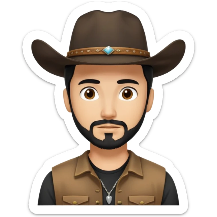 Cowboy with a man bun, black hair, cowboy hat brown eyes, tan skin and light black goatee black t shirt  sticker
