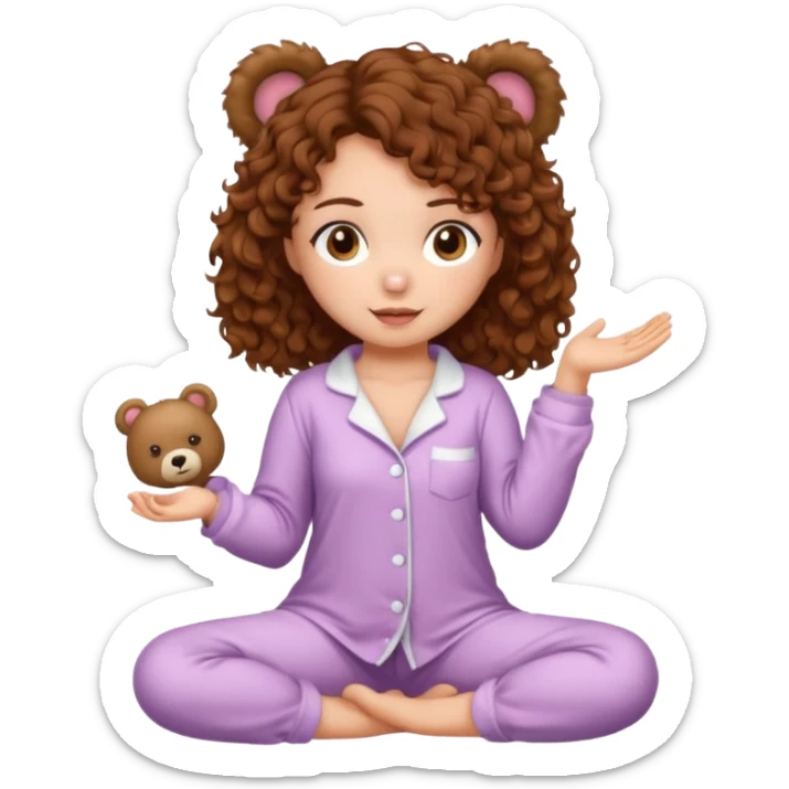 Sexy girl, brown eyes, brown curly hair, white skin, full body in cute pijama bear sticker