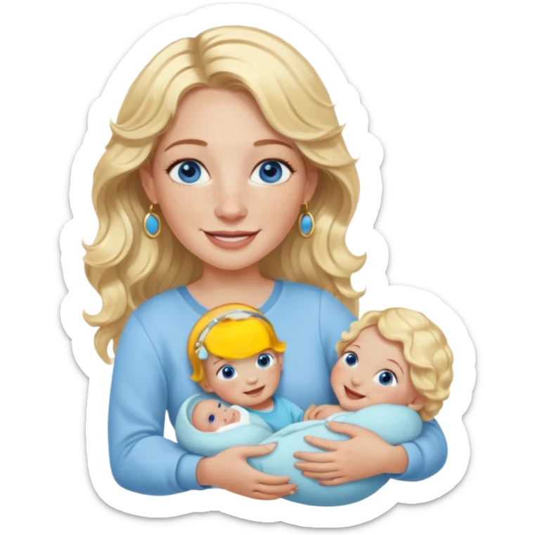 Wavy blonde, white woman with blue eyes, freckles hoop earrings, holding babies smiling and really cute in gold hoops she needs to be holding three newborns, and she needs to be more cute than pretty sticker