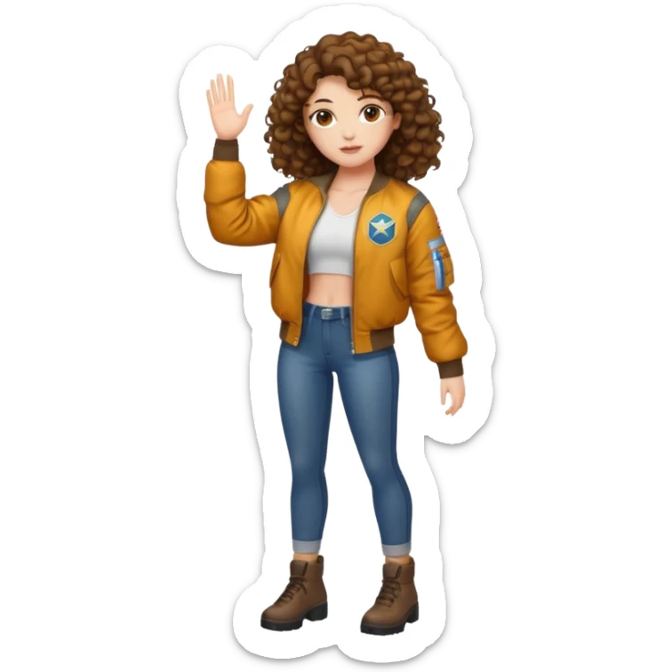 full body woman short curly brown mullet brown eyes white skin muscular build firefly bomber jacket sticker