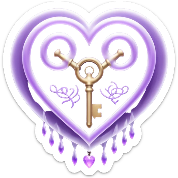 Purple ethereal occult heart floating, glowing key-like sigil at its center, veil-like mist, liminal mystical aesthetic sticker