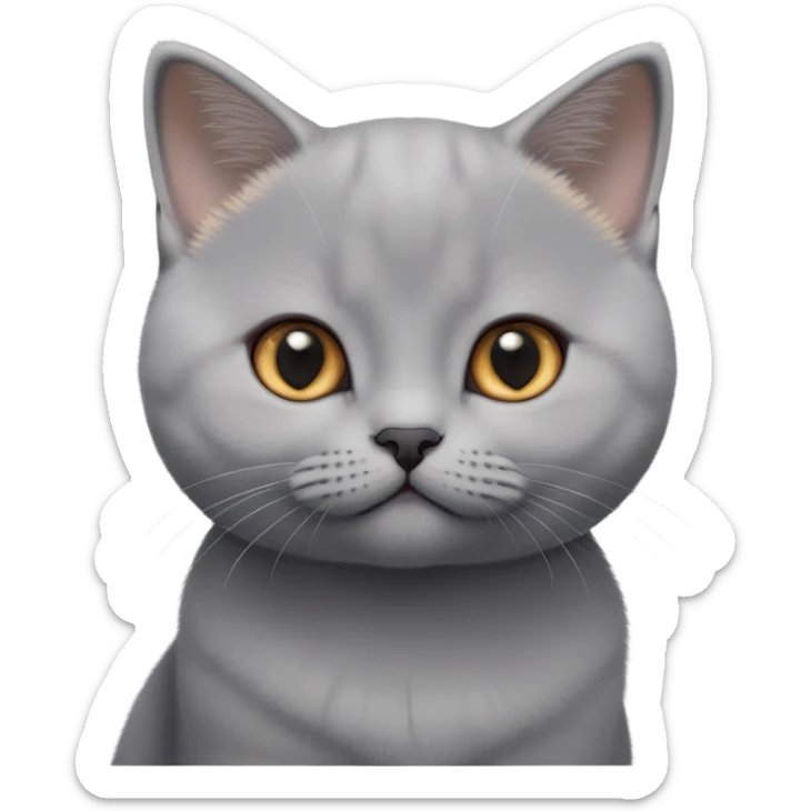 cinematic-cute-british shorthair-kitten cat-portrait-emoji,-head-tilted-playfully-and-inquisitively,-sleek-solid-grey-fur,-simplified-yet-adorable-features,-highly-detailed,-glowing-with-a-warm,-friendly-glow sticker