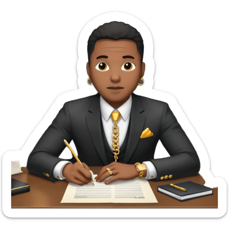 Hip hop music record company executive in office sitting at desk with contract on top of desk sticker