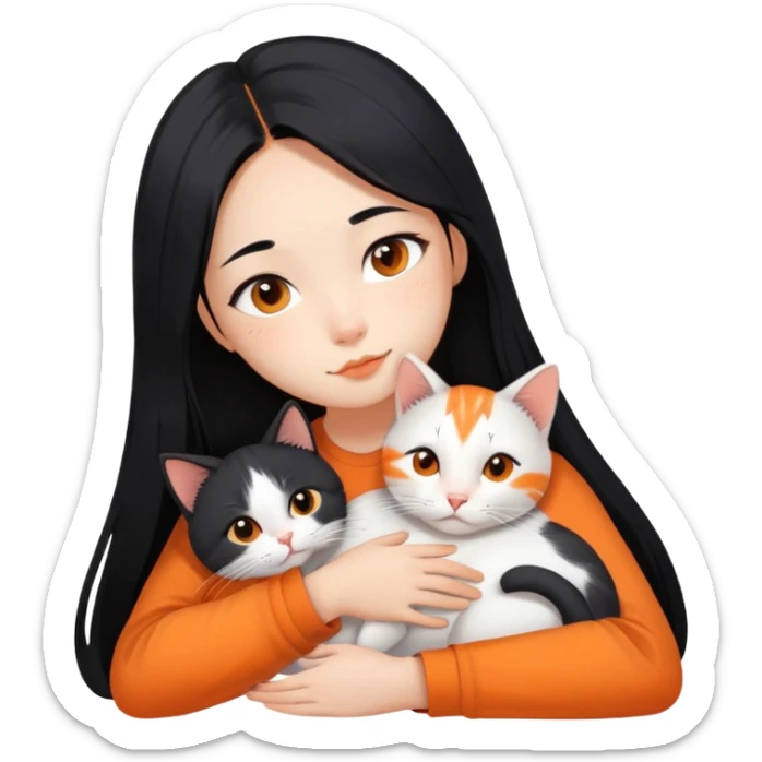 Asian girl with long black hair and the cat is lying on her shoulder, cat is mostly white with orange markings, tender moment sticker