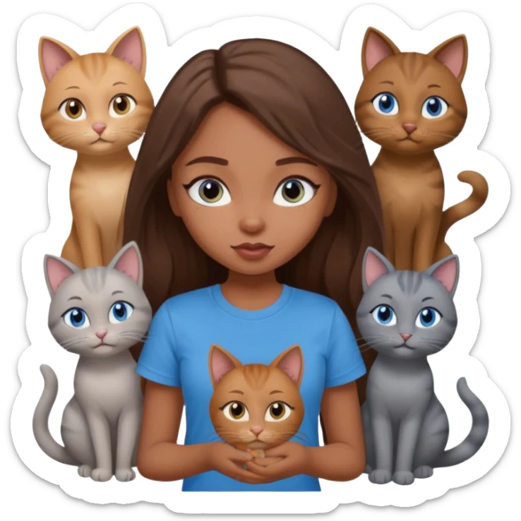 a pretty bratz dusky girl with long brown hair, blue eyes with six cats nd wearing a grey tshirt sticker