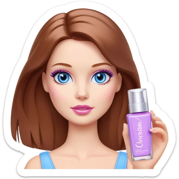 Barbie girl Chestnut Shoulder-length hair and blue eyes is In pale purple smears by hand cosmetic cream on her face sticker