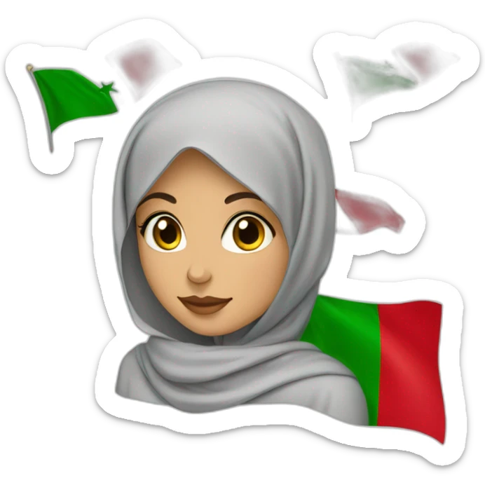 A hijabi teenager moroccan girl wearing oversized things and raising moroccan and Palestinian flag sticker