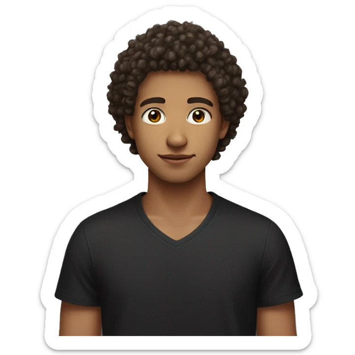 A young man with a curly haircut is seen in the image wearing a black shirt. The man appears to be around 23 years old and is identified as male. The man's curly hair adds texture to his overall appearance. sticker