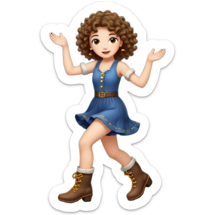 full body woman short curly brown mullet hair brown eyes white skin dancing with fireflies around boots sticker