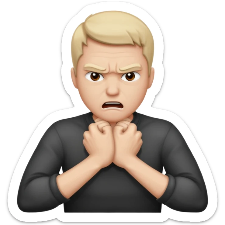 Grabbing throat with hands and looking angry with arms crossed and under chin, grabbing neck sticker