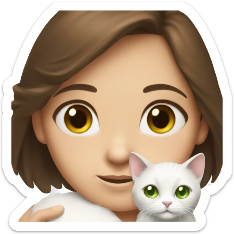 Brown-eyed brunette girl holds fluffy, white-spotted cat with green eyes in cuddle sticker