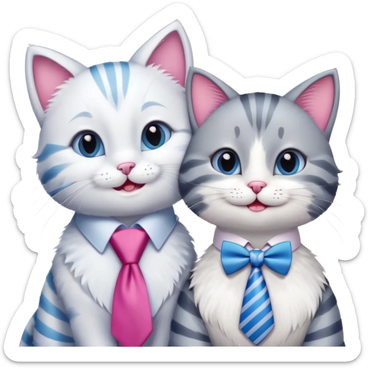happy girl cat with bow and eyelashes wearing a bright necktie next to happy boy cat wearing a striped necktie, both cats smiling together sticker