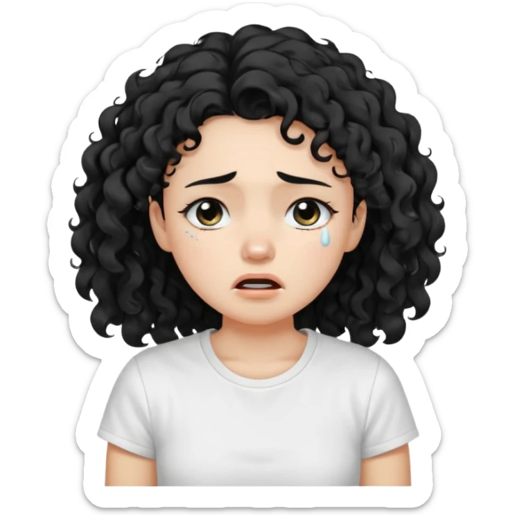a pretty fair bratz girl with black curly hair, crying, wearing a white tshirt sticker