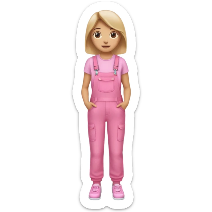 A woman emoji wearing pink overalls, with a neutral or slight smile, simple design, and casual style with white shoes sticker