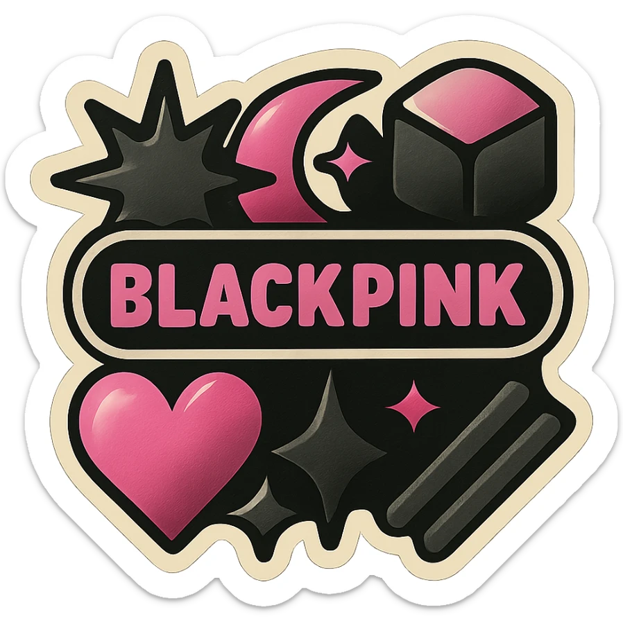 retro sticker style album cover with black and pink geometric shapes, bold outlines, and a fun, energetic K-pop feel, inspired by BLACKPINK sticker