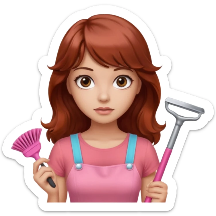 emoji of a beautiful woman with an arrogant expression, light tanned skin, big black eyes, long wavy reddish-brown hair with bangs, wearing a pink top, coral color theme, working as a cleaner holding cleaning tools or supplies sticker