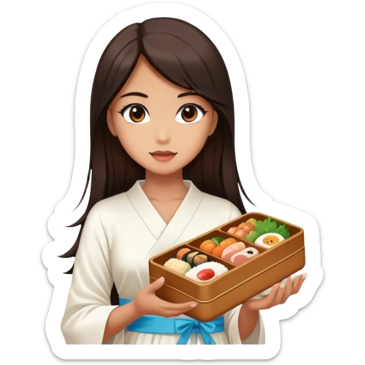 Beautiful woman in 1950’s woman fashion look, white dress, long dark brown hair, Japanese bento sticker