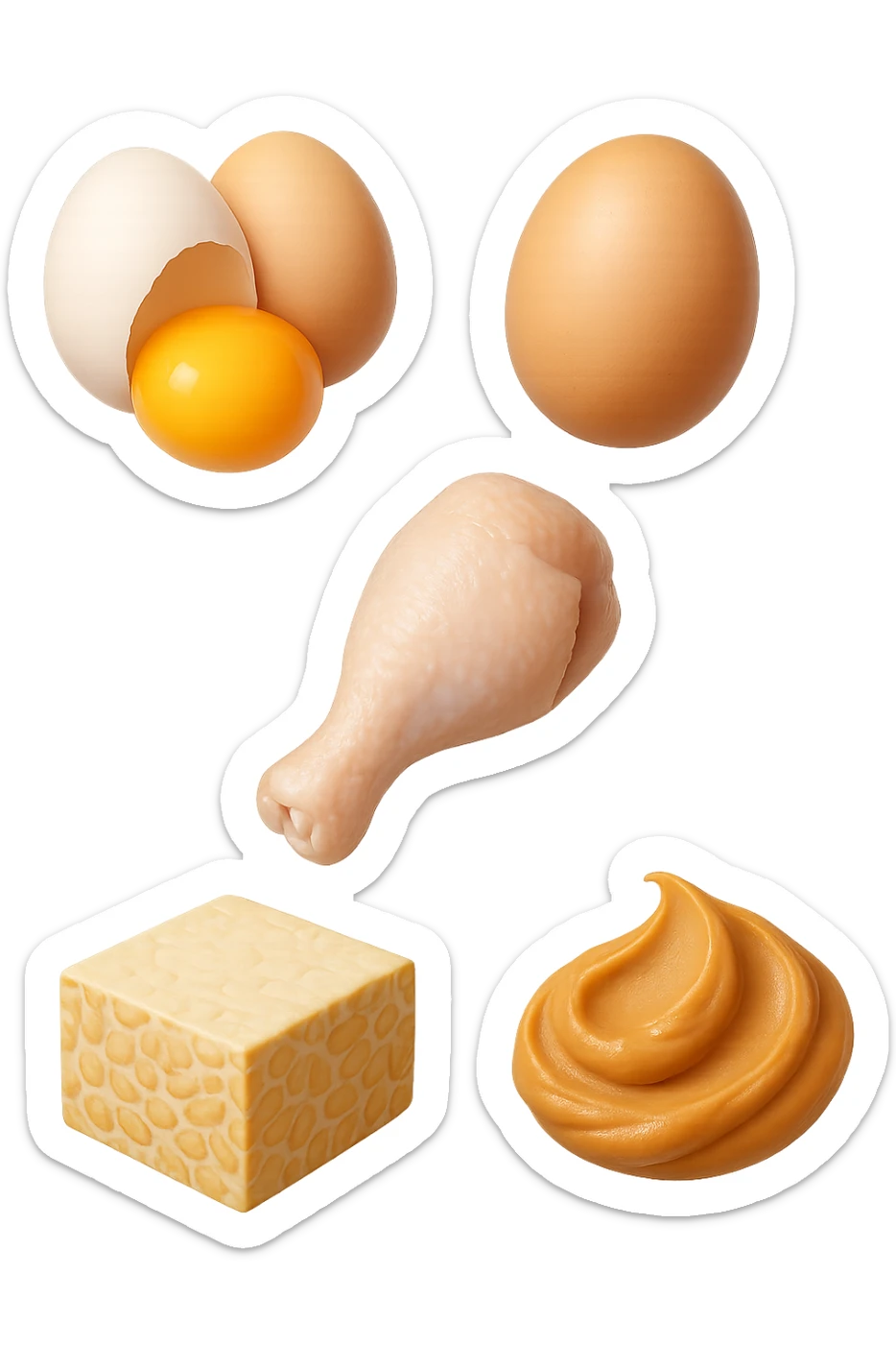 EMOJI STILE IPHONE DI
 uova, pollo, tofu, tempeh, burro di arachidi
, fluttuano in aria REALISTICA 4K sticker
