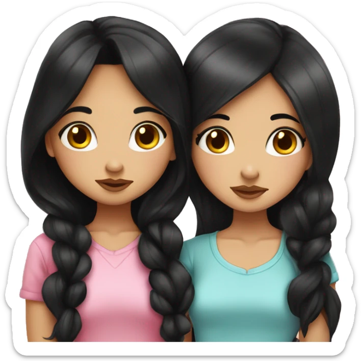 two cute cartoon style brunette girls kissing on the lips. both girls have long black hair, both of their hairstyles are down. One of the girls has freckles. Super cute style. sticker