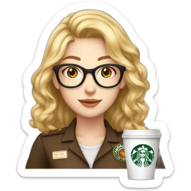 chatain hair pale skin women golden rounded glasses with a coffee and starbuck uniform sticker