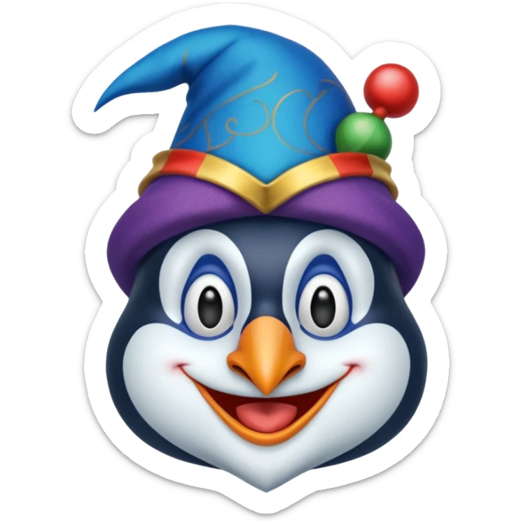 crazy funny colorful penguin jolly joker, medieval, vintage, court jester, mac os icon, blue color sticker