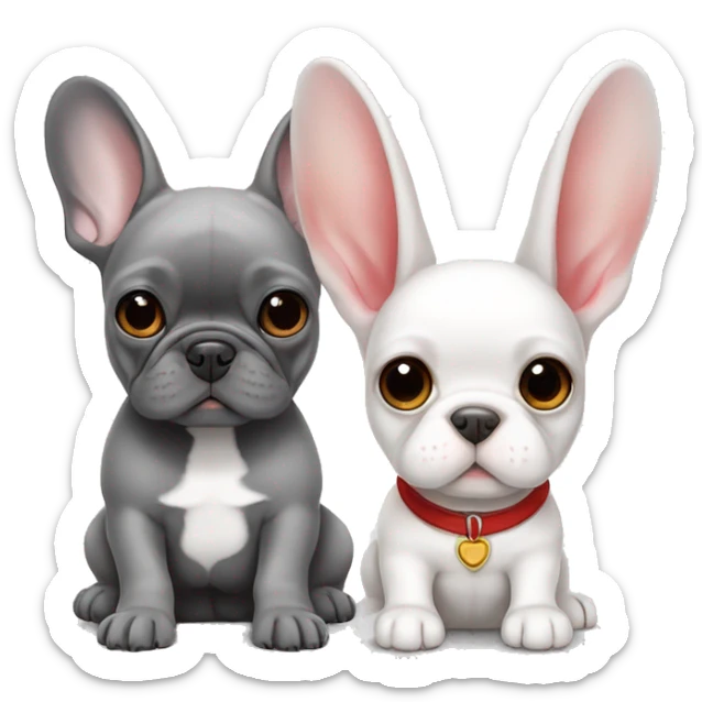 French bulldog puppy is gray with a white stripe between the eyes next to a white rabbit with red highlights in its eyes sticker