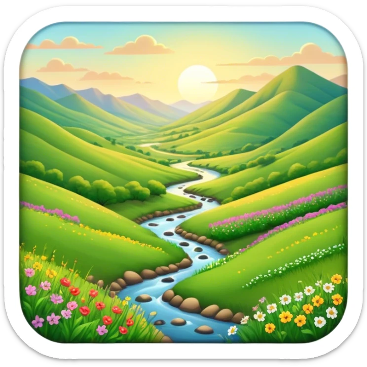Cinematic Realistic Valley Emoji, Lush and serene, with gently sloping hills surrounding a vibrant green valley filled with wildflowers and a small stream. The soft, golden sunlight filters through the valley, casting peaceful, warm shadows across the landscape. Soft glowing outline, capturing the essence of natural peace and gentle beauty in a sprawling valley. sticker
