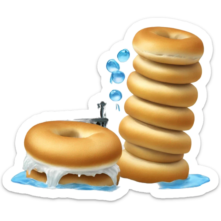 Leaning tower of Pisa with bagels on the ground and water coming out of the top sticker