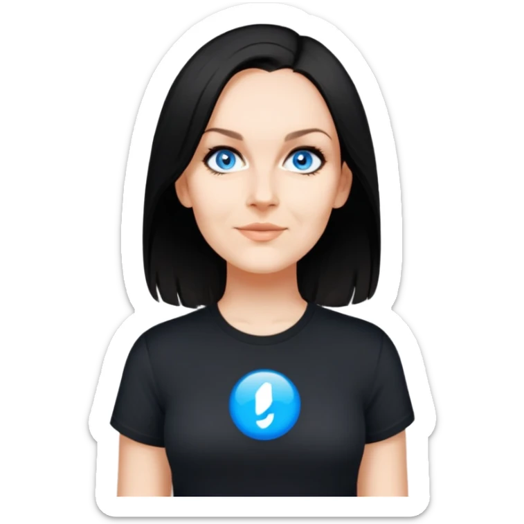 female, wearing black tshirt,  black hair sticker