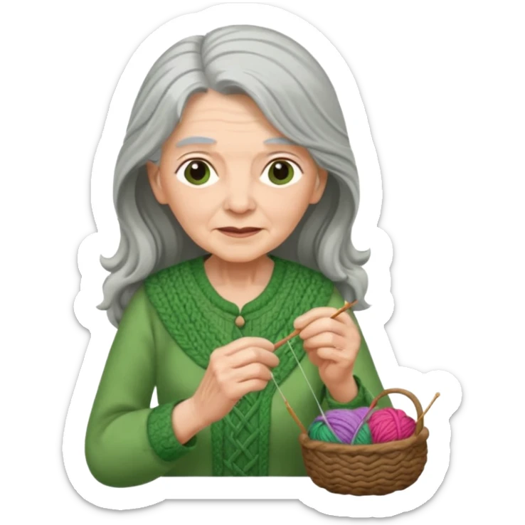 elderly women  working knitting in long hair green dress sticker