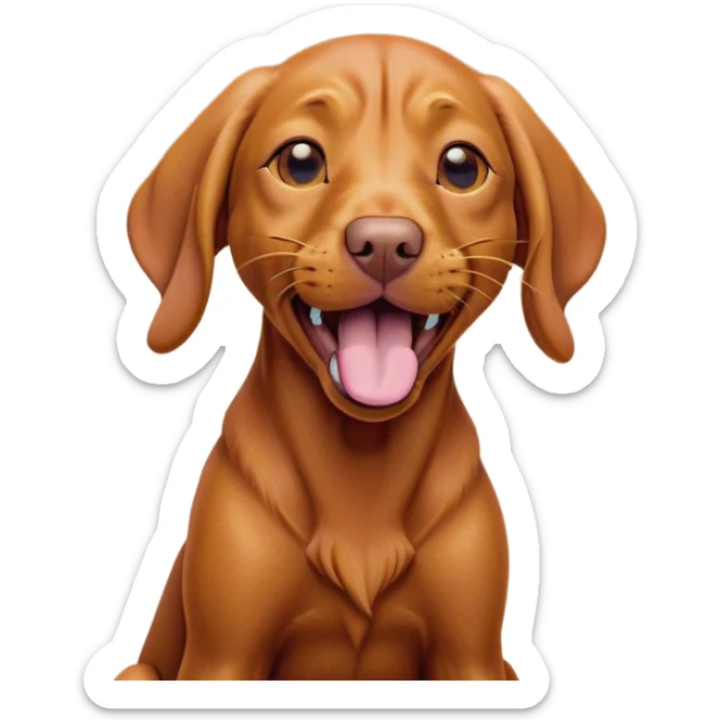 Cinematic Cute Yawning Vizsla Portrait Emoji, Head tilted slightly with a dramatic, wide-open yawn, showcasing a smooth rust and gold Fur with a subtle shimmer, floppy ears slightly drooping, round amber eyes barely open in drowsy contentment, Simplified yet irresistibly adorable features, highly detailed, glowing with a soft, cozy glow, high shine, relaxed yet expressive, stylized with a touch of whimsy, bright and endearing, soft glowing outline, capturing the essence of a sleepy yet affectionate companion, so drowsy it feels like it could stretch out of the screen and curl up for a nap! sticker