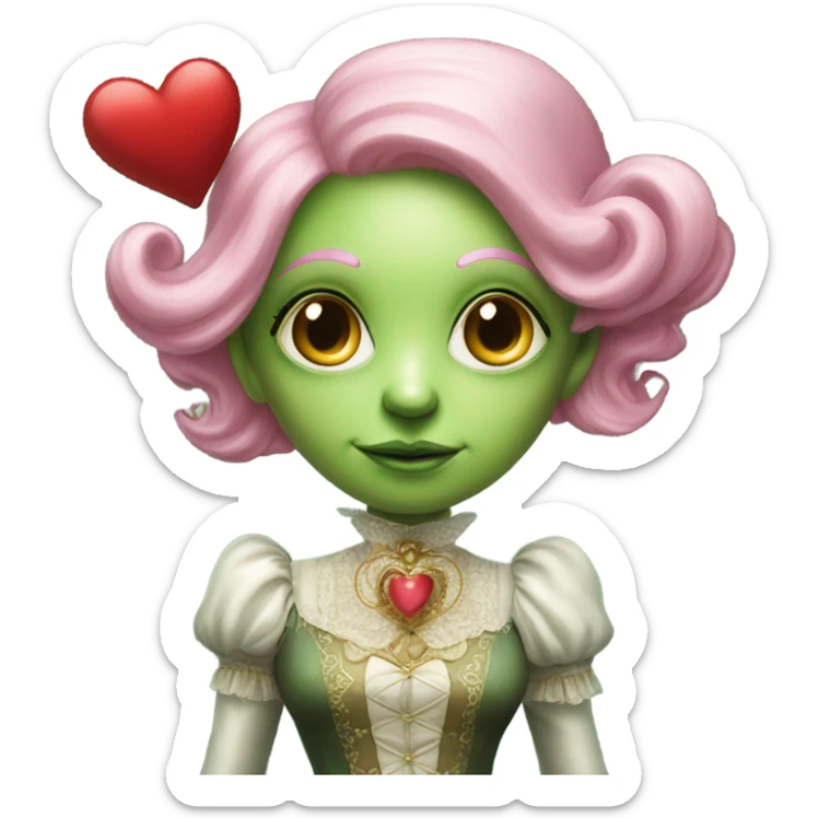 a green alien woman in Victorian white gold, pink hair,holdig, red big hearth, full body sticker