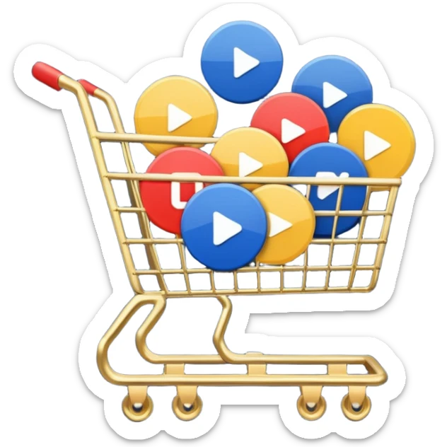 shopping cart with multiple round video play buttons, a mix of #DEEB52 and #102C3D, no red sticker