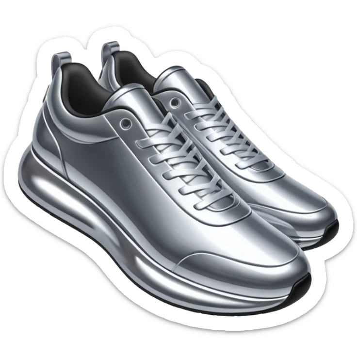 A pair of futuristic sneakers emoji made of silver chrome, sleek streetwear design, smooth metallic panels, subtle reflections, luxury swag aesthetic, iOS emoji style, centered, clean white background sticker