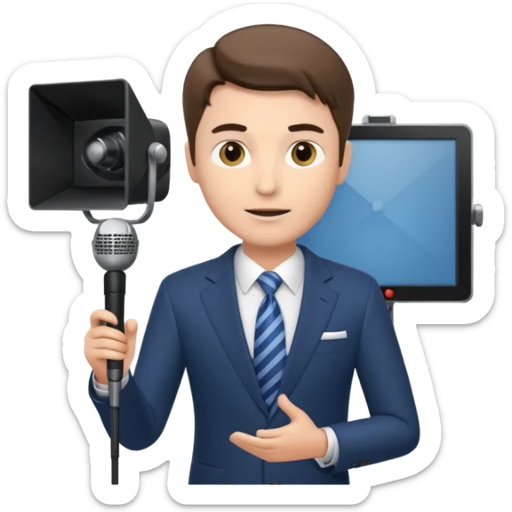 a male news anchor sits sideways, with a screen with a prompter in front of him sticker