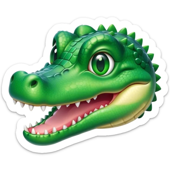 Cinematic Cute Crocodile Portrait Emoji, Head tilted playfully and inquisitively, featuring a smooth, glossy emerald-green hide with subtle textured scales and round, sparkling eyes filled with curious mischief, Simplified yet irresistibly adorable features, highly detailed, glowing with a warm, friendly glow, high shine, affectionate and surprisingly charming, stylized with a touch of wild whimsy, bright and endearing, soft glowing outline, capturing the essence of a mischievous yet lovable crocodile, so playful it feels like it could snap out of the screen into your arms! sticker