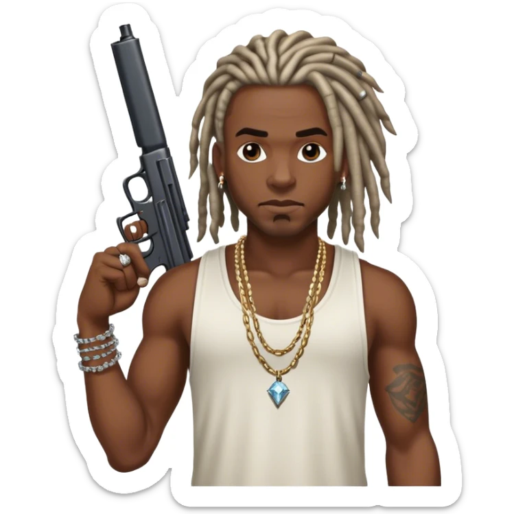 african-american race pig with dreads looking gangster with gun and tank top, with diamond blinging chain, with tattoos sticker